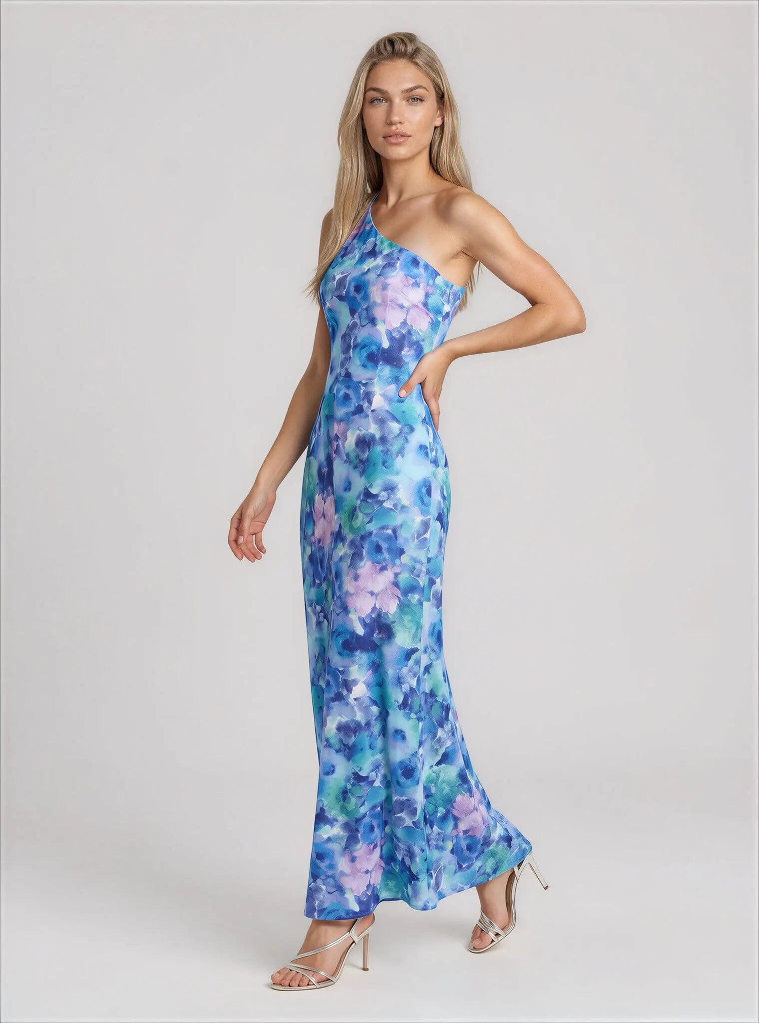 Rosette Asymmetric One-Shoulder Gown Eliza J