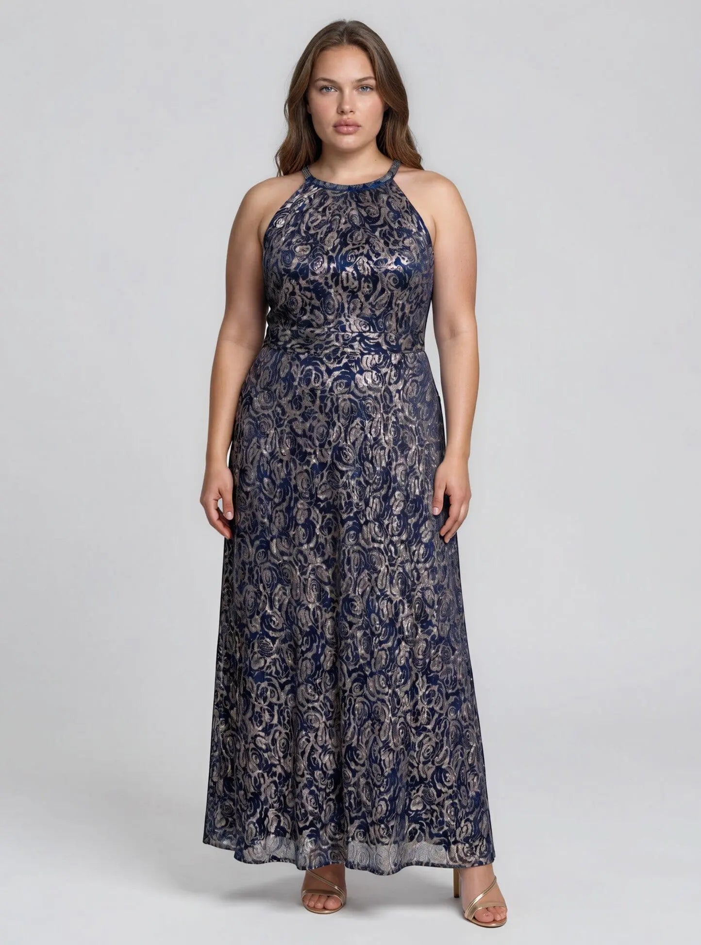 Plus Size Metallic Floral Print Sleeveless Gown Betsy & Adam