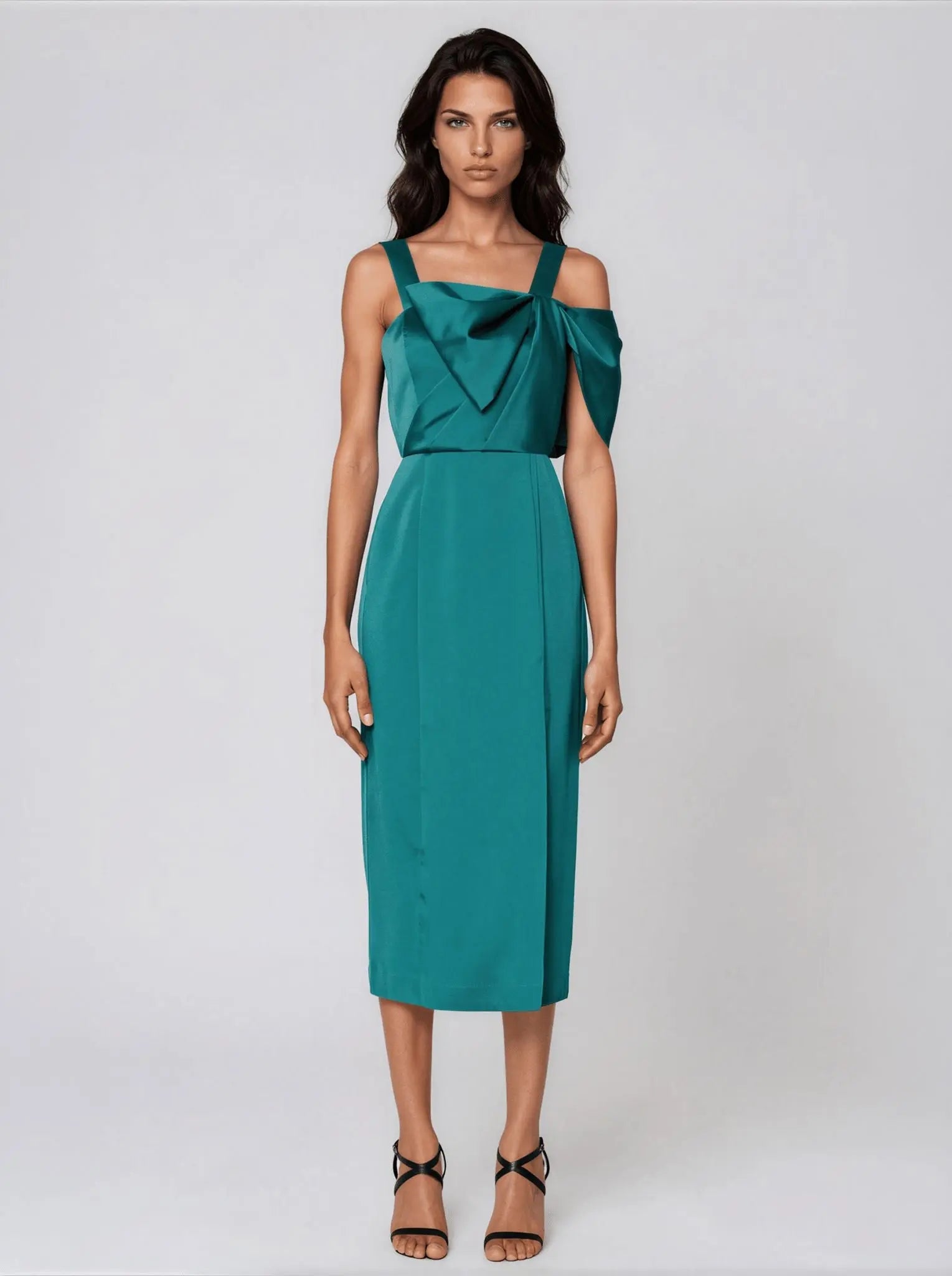 Bow-Trim Satin Midi Dress - Layalita