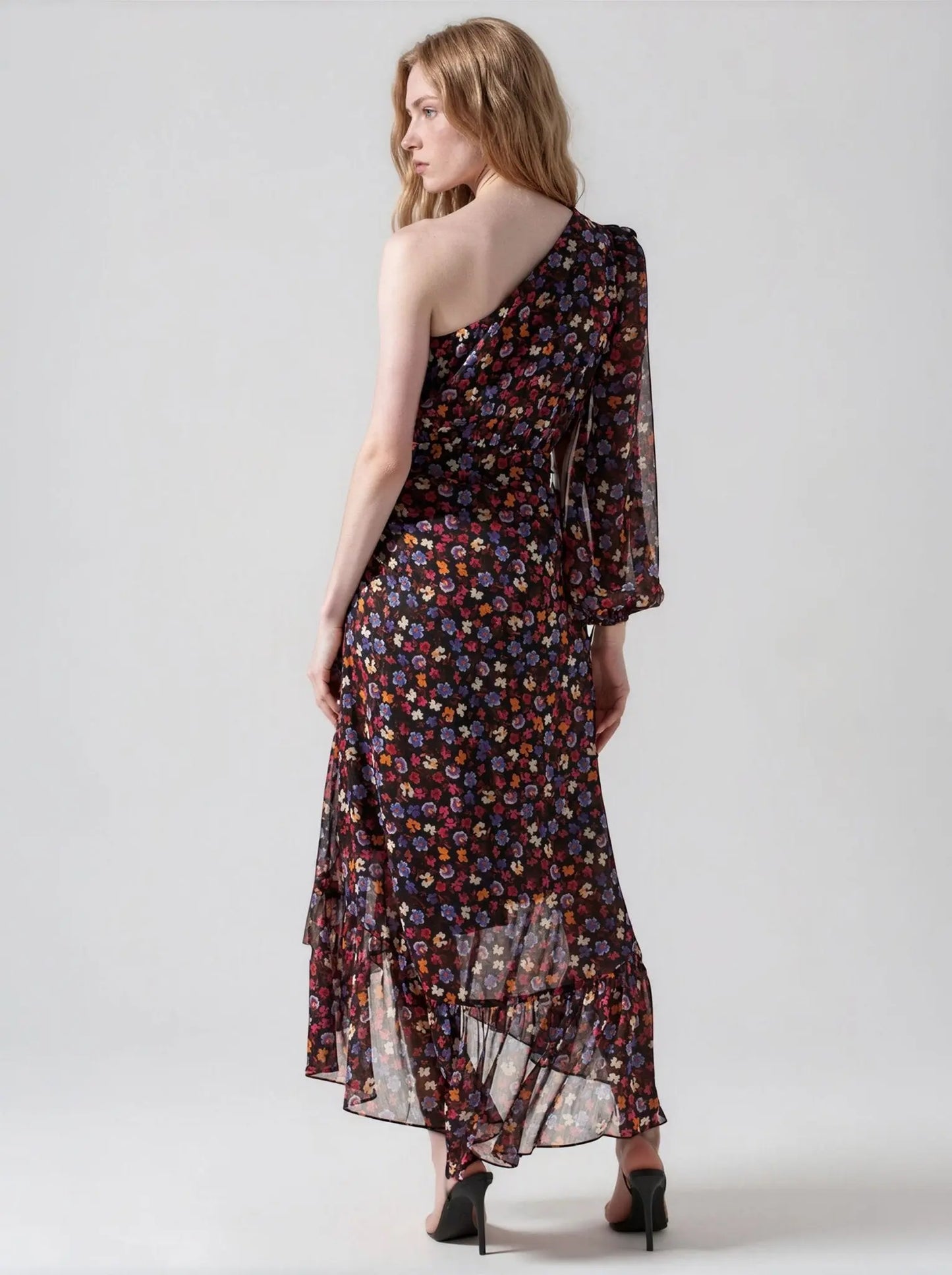 Calista Asymmetrical - Neck Floral - Print Midi Dress - Layalita