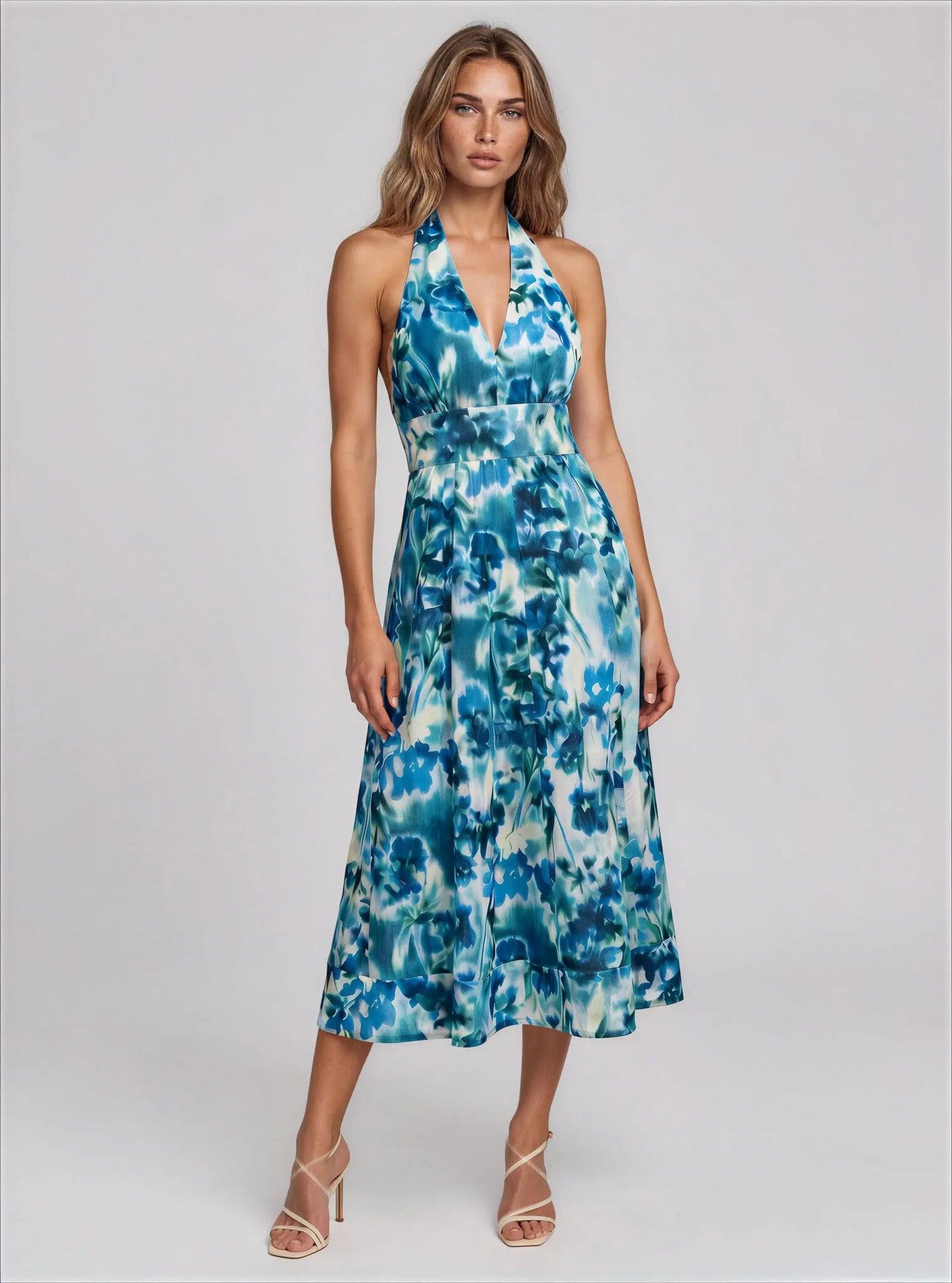 Cotton Halter V-Neck Tie-Back Midi Dress - Layalita