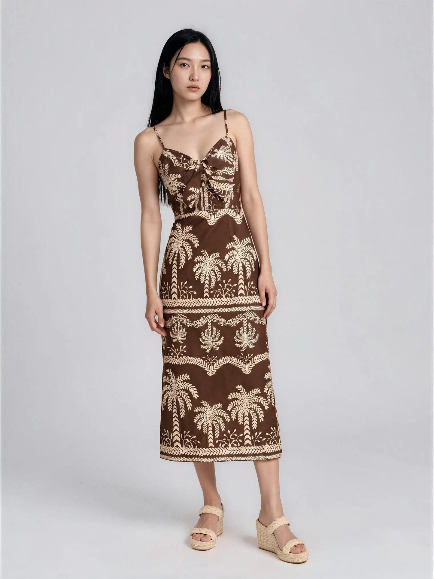 Cotton Palm-Print Sweetheart Midi Dress Adrianna Papell