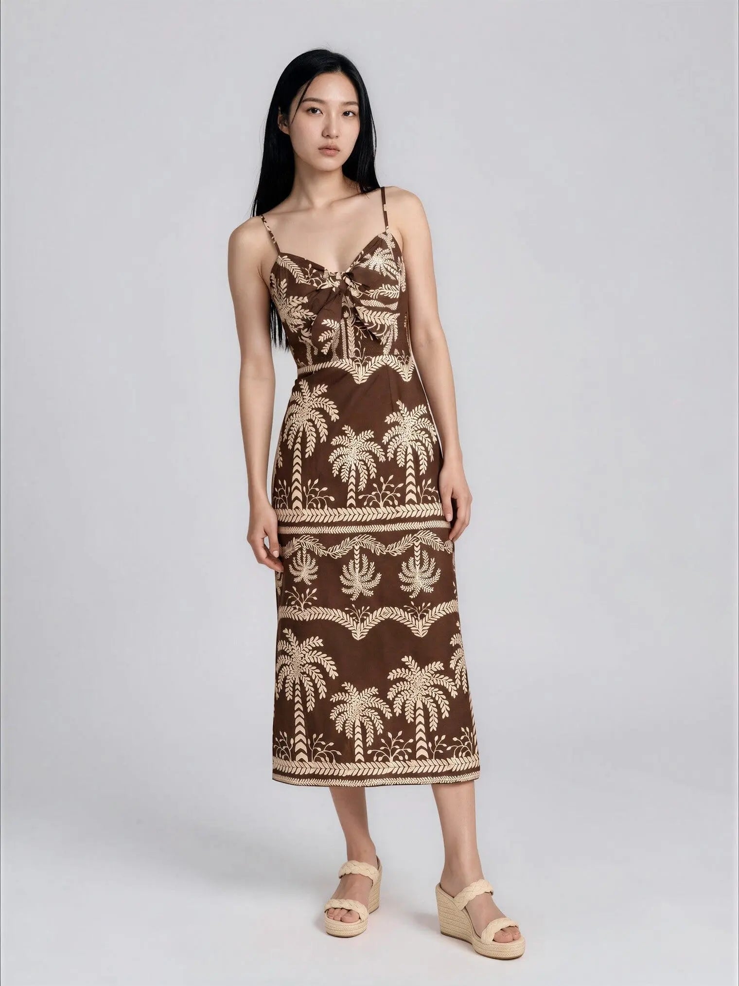 Cotton Palm-Print Sweetheart Midi Dress Adrianna Papell