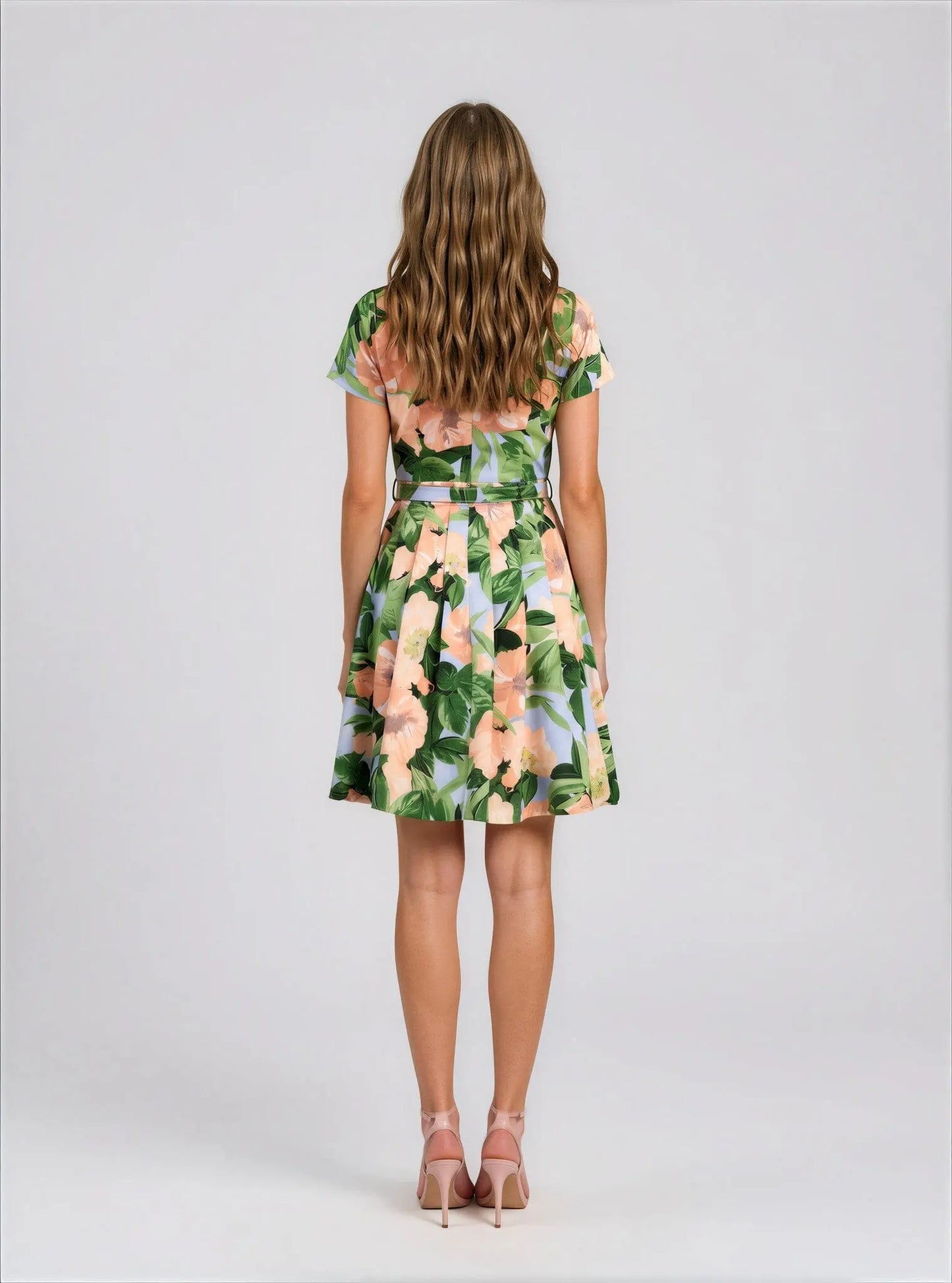 Floral Belted Pleated Short-Sleeve Dress Tahari