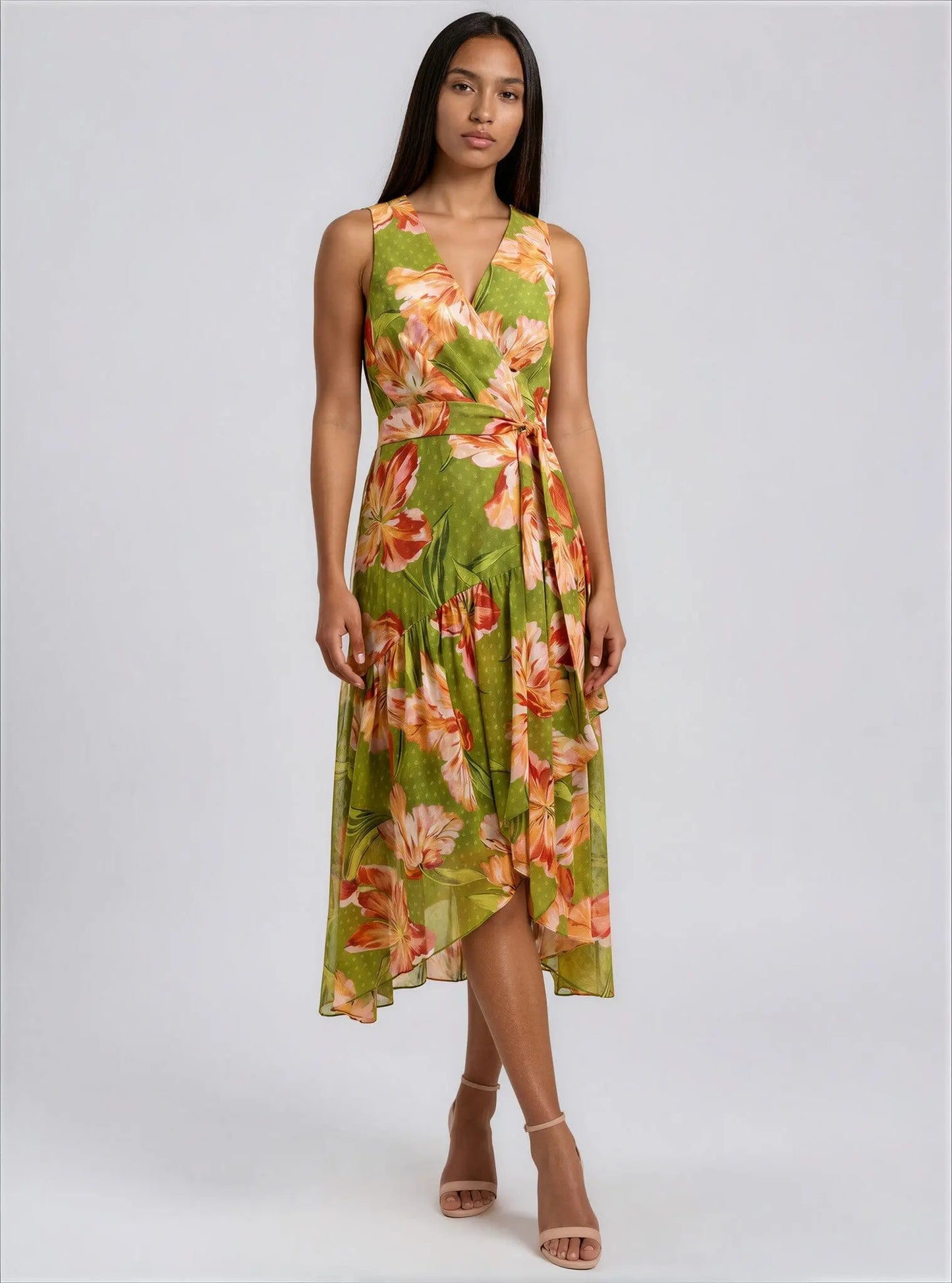 Floral-Print High-Low Faux-Wrap Dress Anne Klein