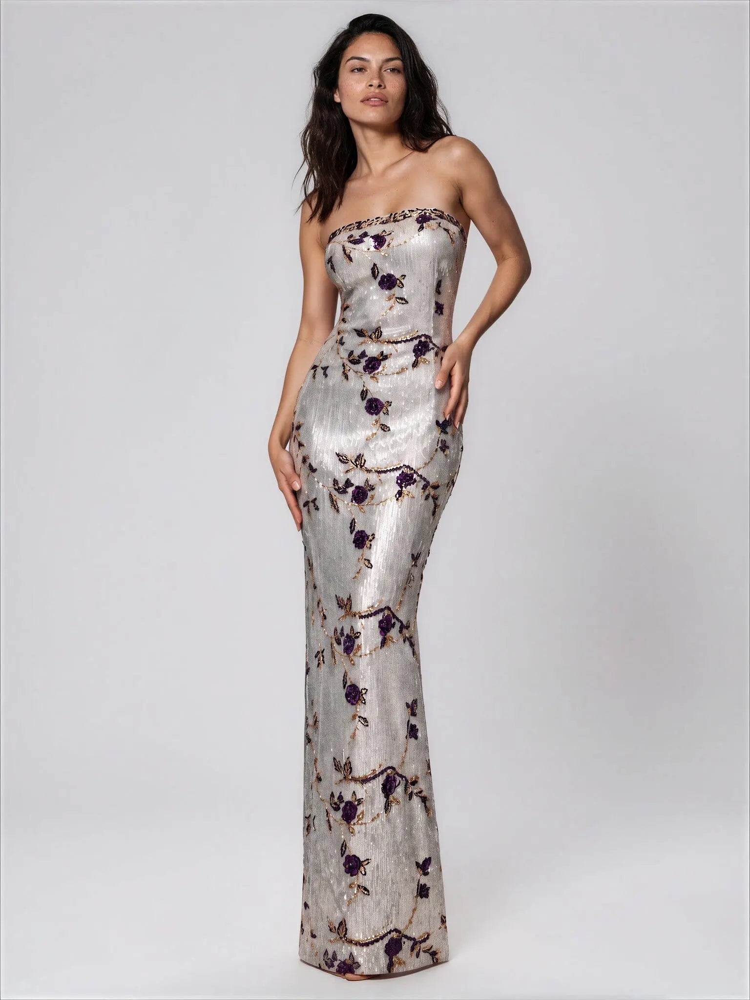 Floral Sequined Strapless Gown - Layalita