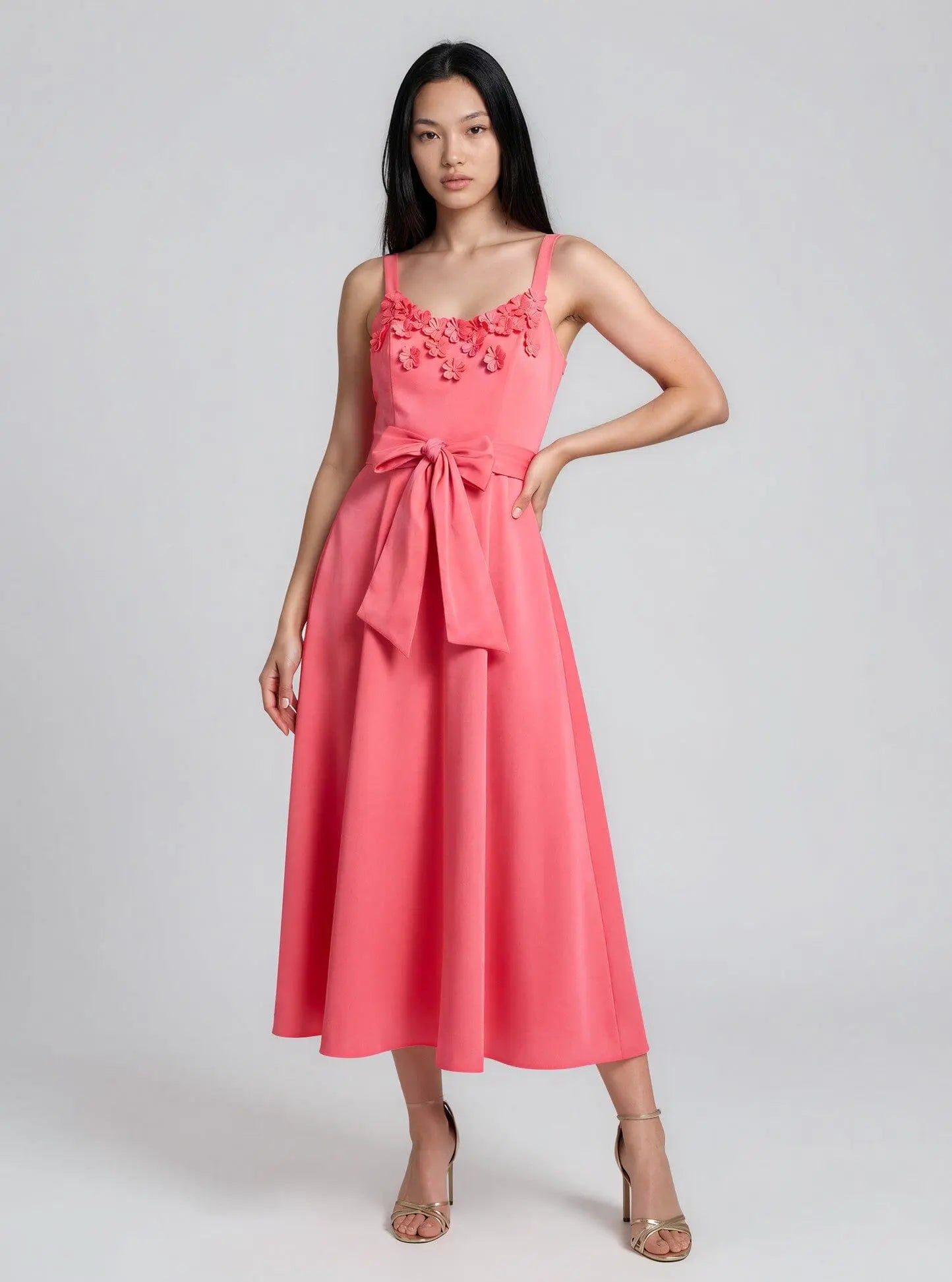 Floral-Trim Bow-Waist Midi Dress - Layalita