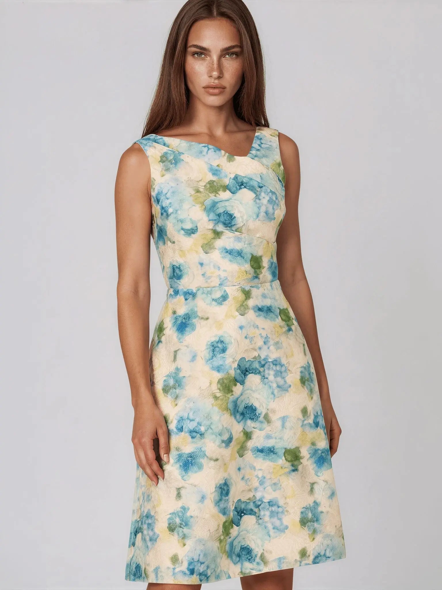 Jacquard Asymmetric-Neck Dress - Layalita