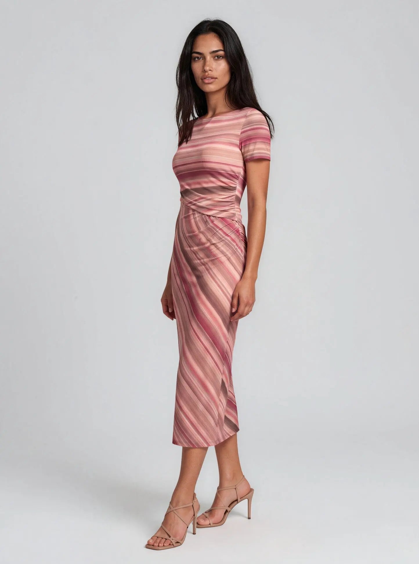 Mesh Striped Side-Knot Boat-Neck Midi Dress - Layalita