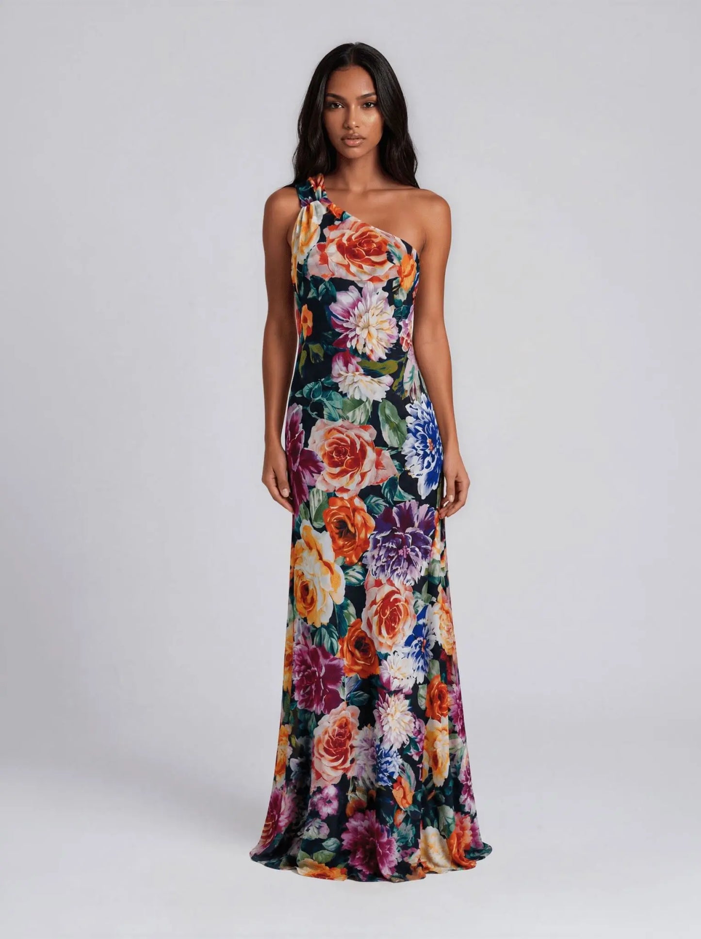 One-Shoulder Floral Chiffon Dress - Layalita
