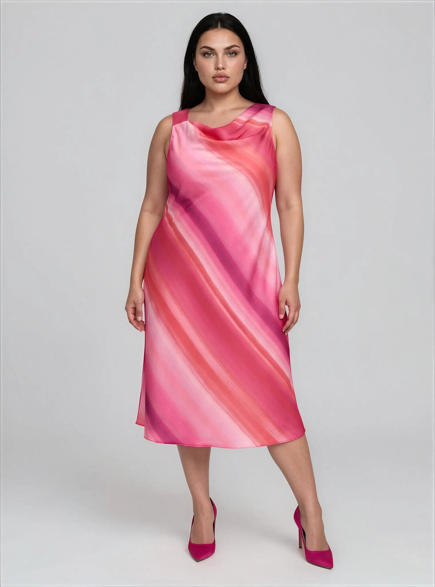 Plus Size Printed Cowlneck Sleeveless Midi Dress - Layalita
