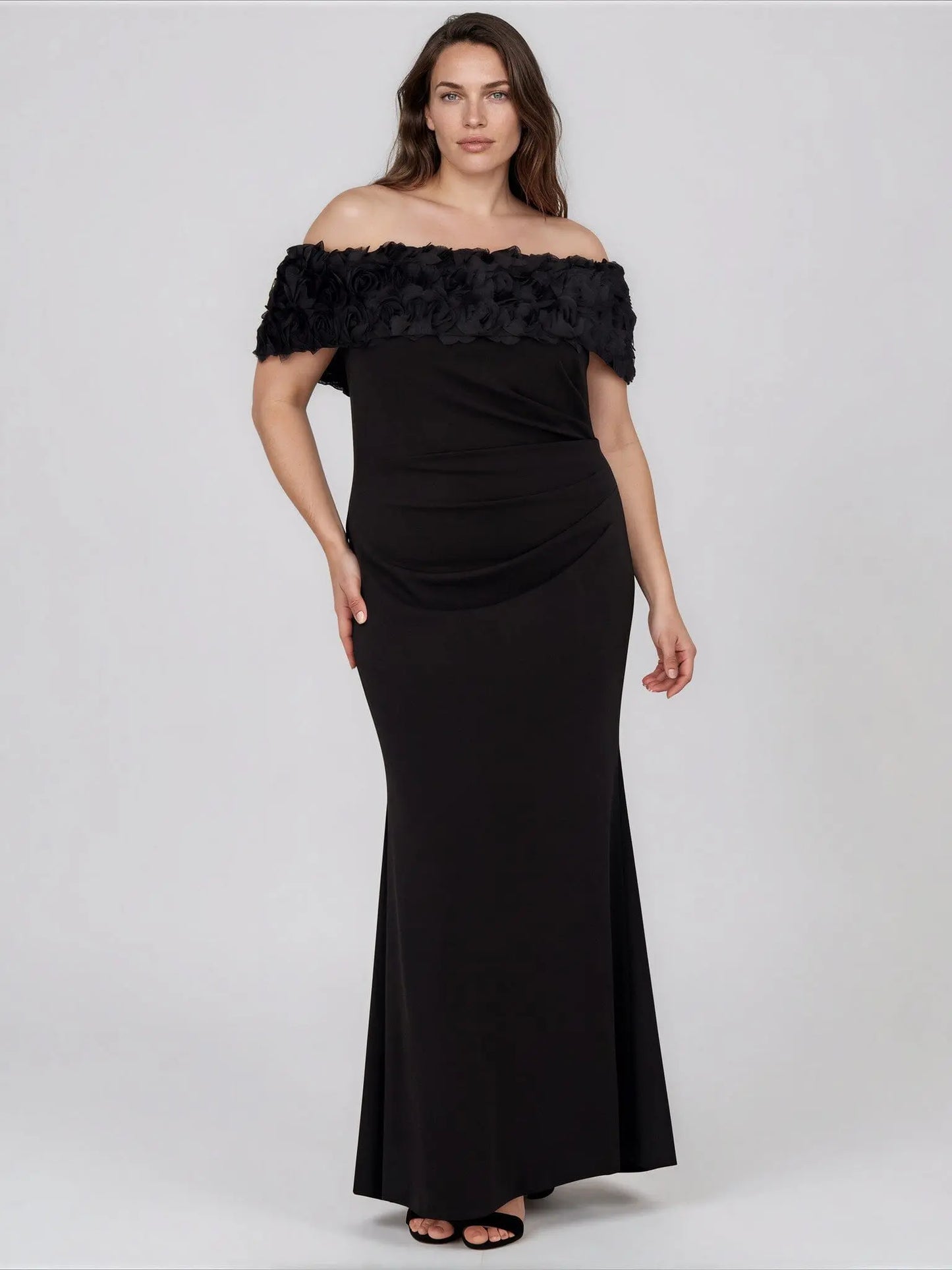 Plus Size Rosette - Trim Off - The - Shoulder Evening Gown - Layalita