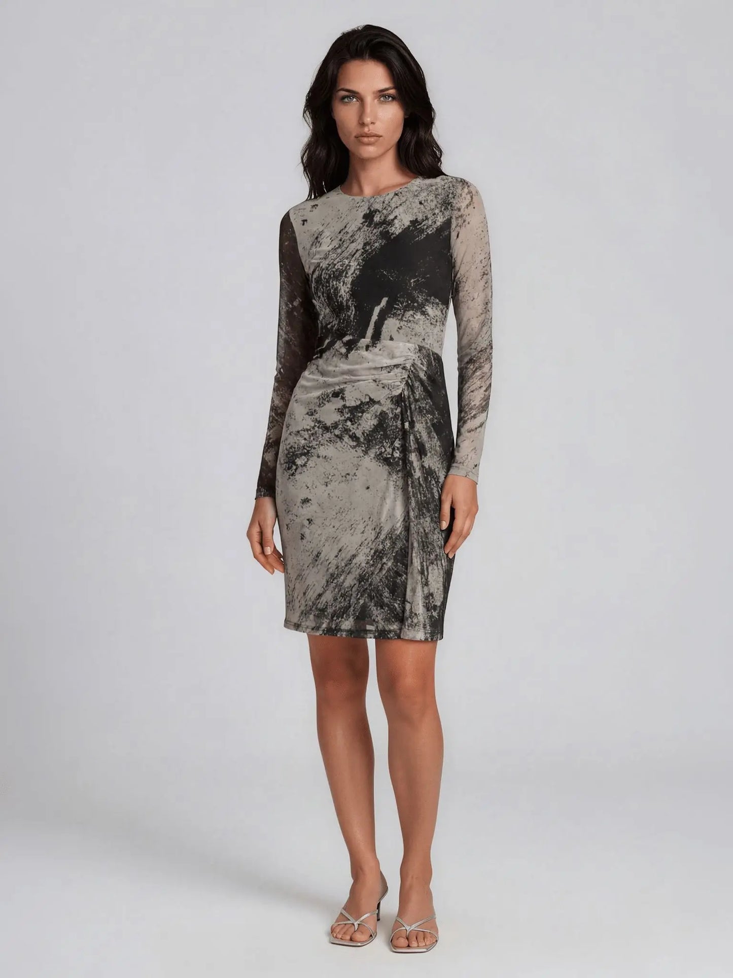 Printed Long-Sleeve Side-Ruched Dress - Layalita