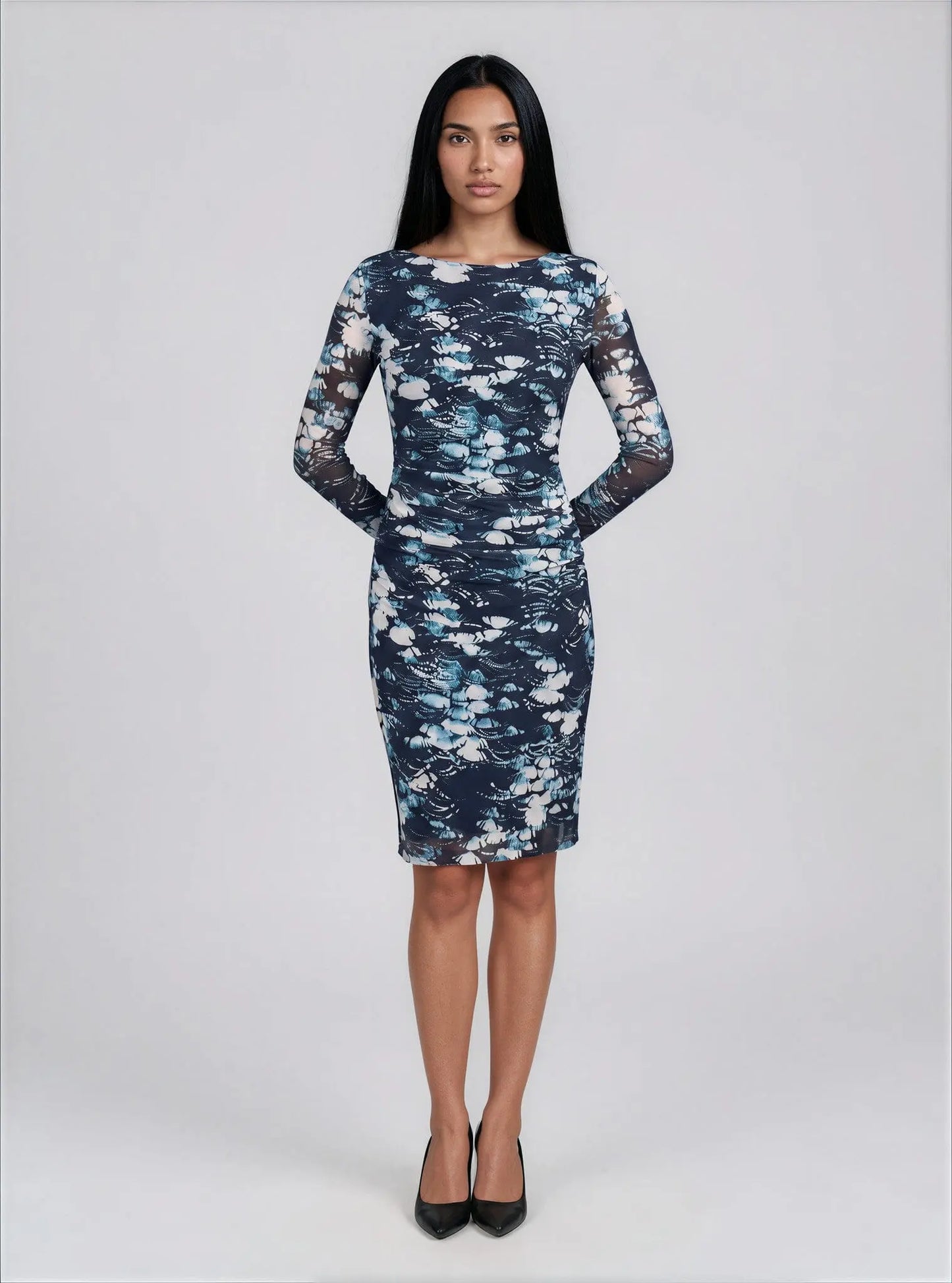Printed Mesh Long-Sleeve Sheath Dress - Layalita