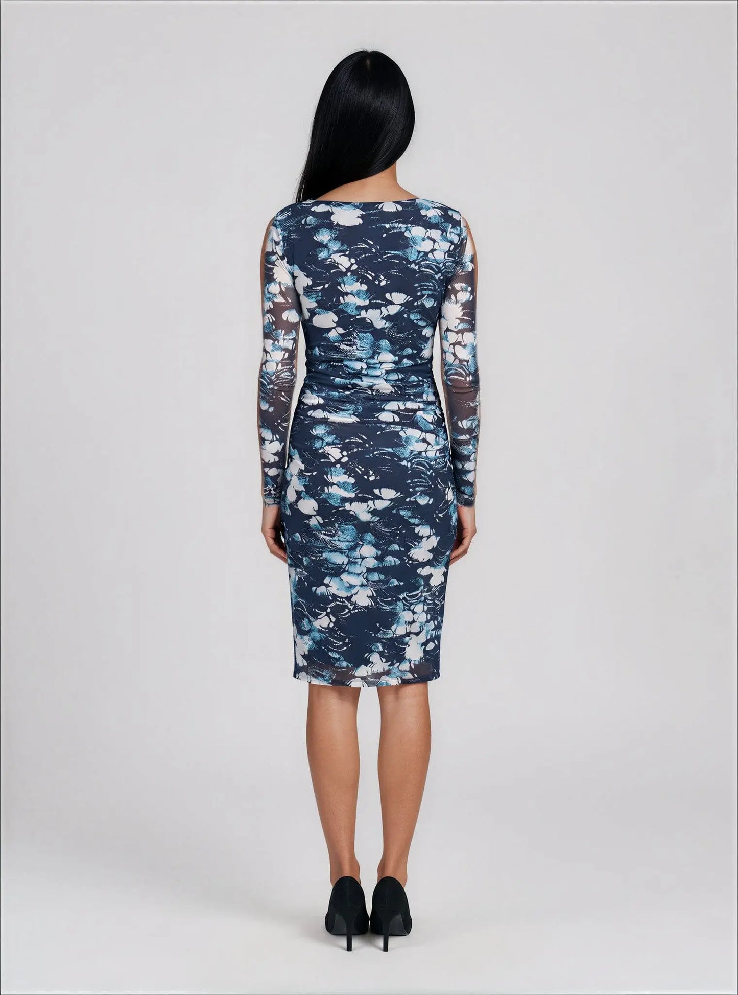 Printed Mesh Long-Sleeve Sheath Dress - Layalita