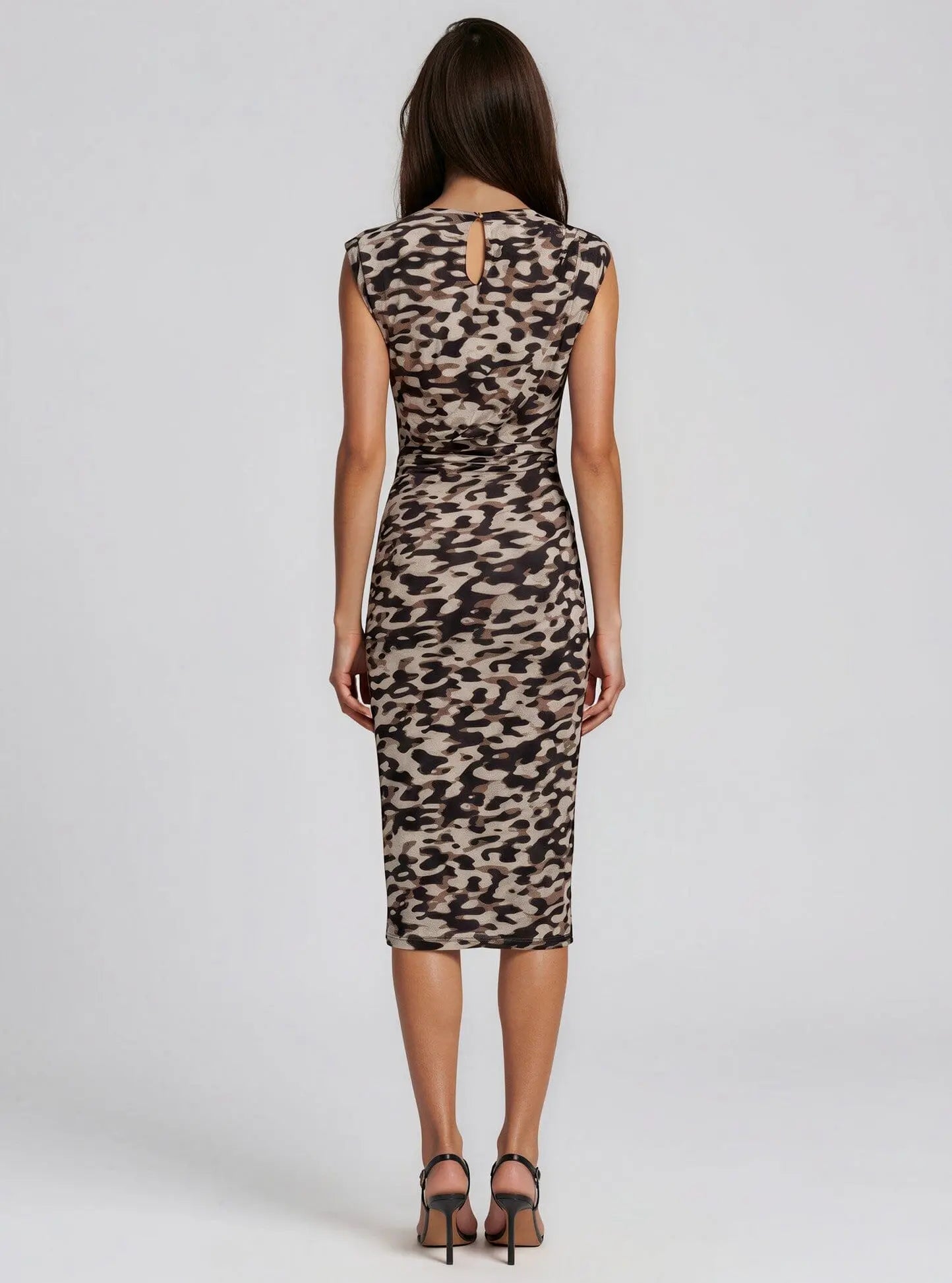 Printed Mesh Ruched Bodycon Midi Dress - Layalita