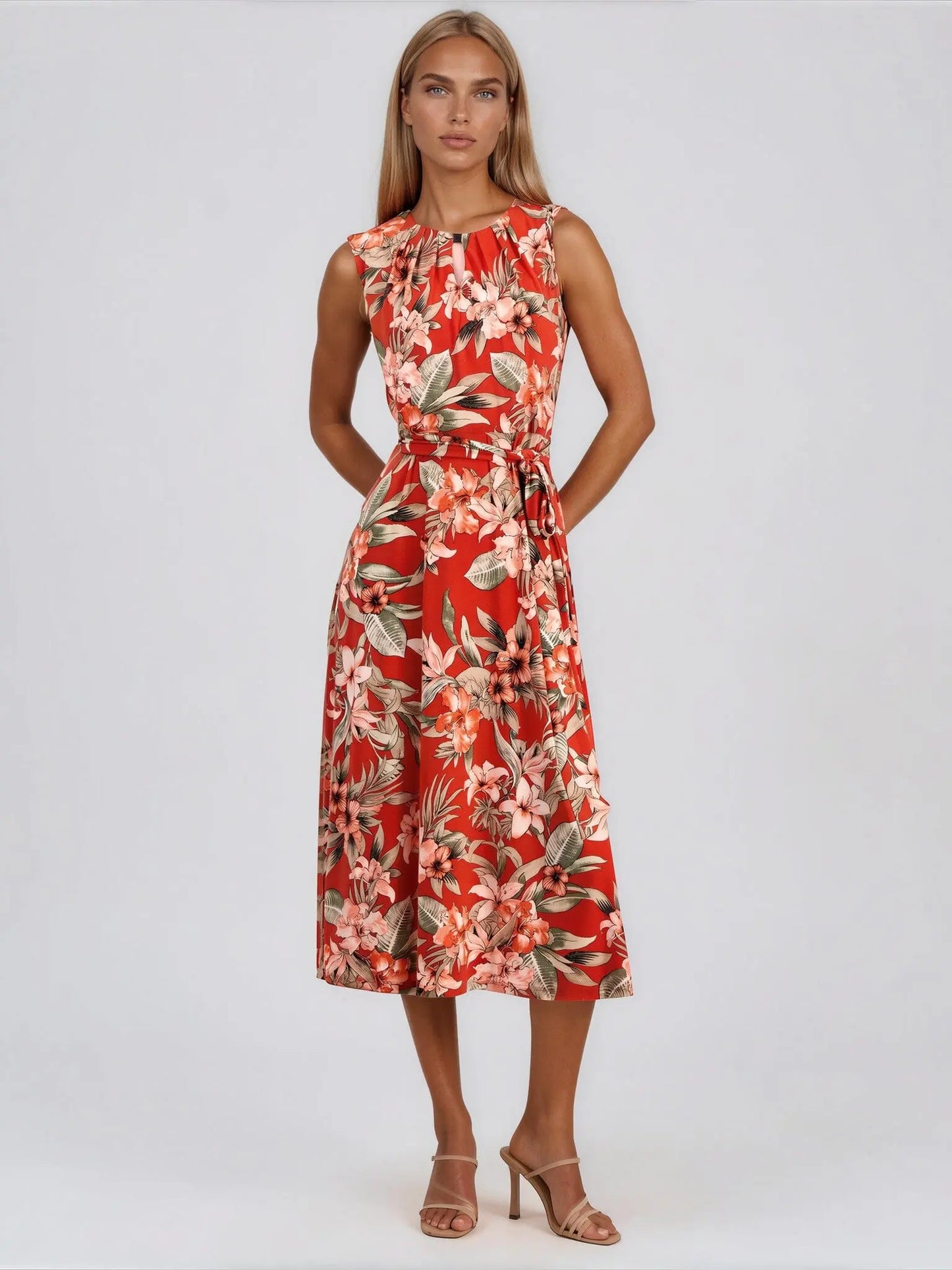 Printed Tie - Waist Midi Dress - Layalita