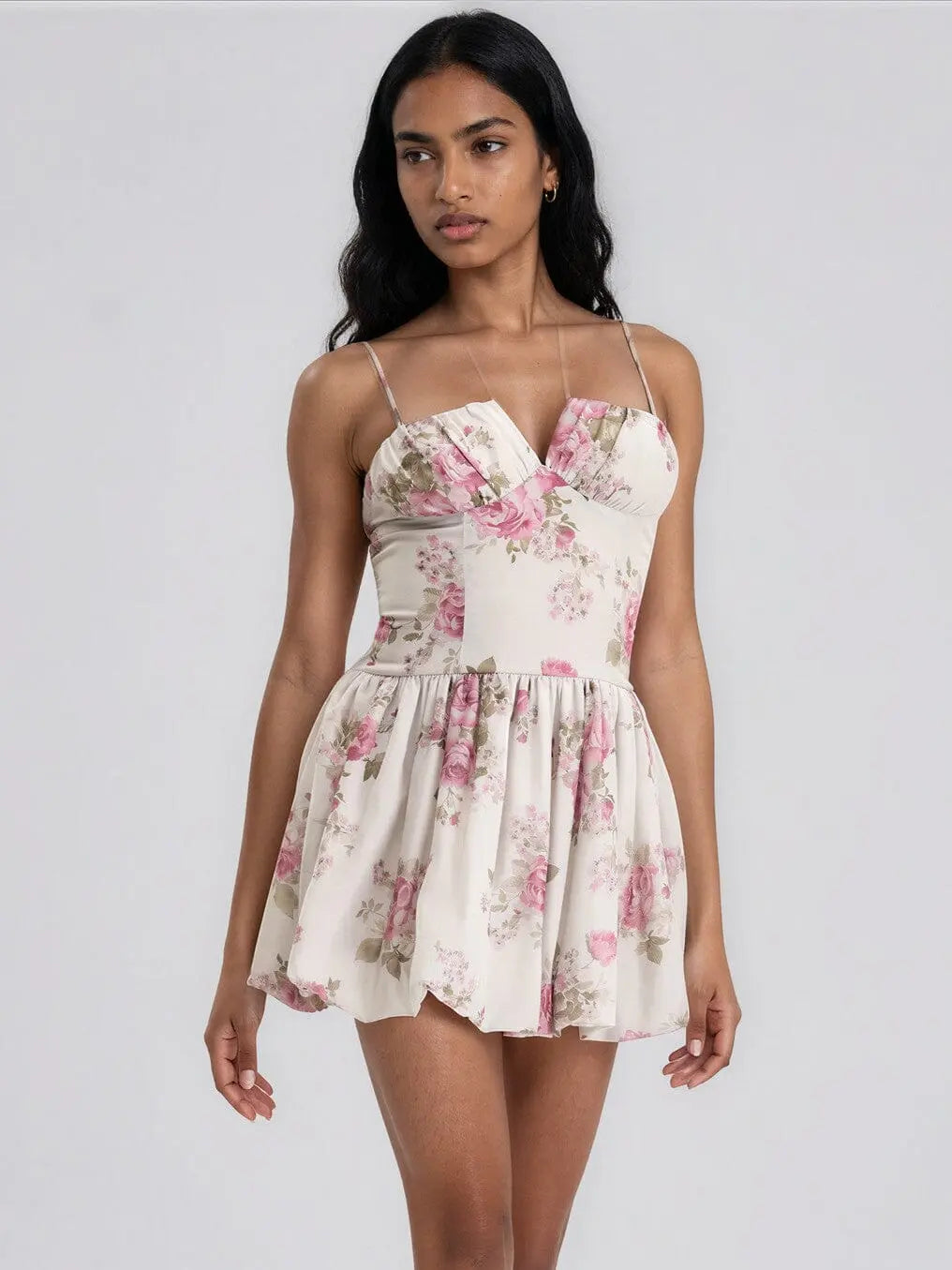 Rose-Print Bubble-Hem Mini Dress - Layalita