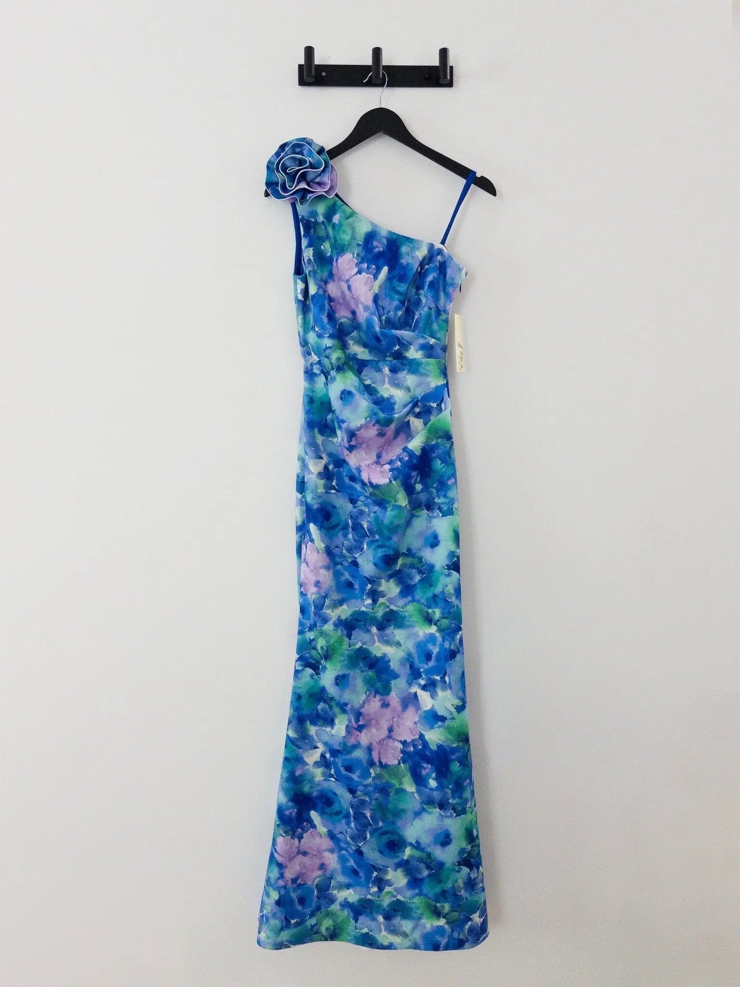 Rosette Asymmetric One-Shoulder Gown Eliza J