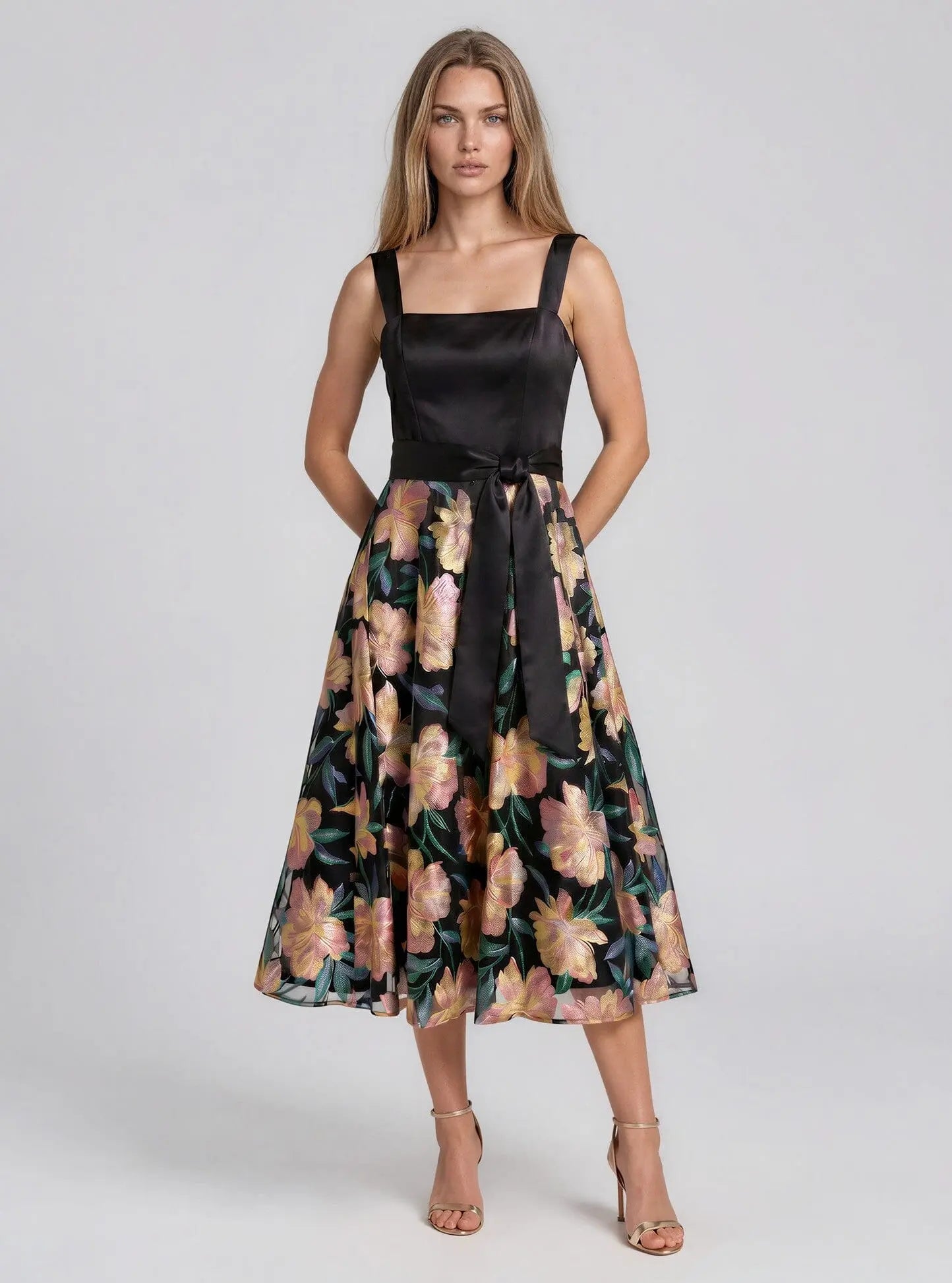 Satin Tie-Waist Floral-Embroidered Dress - Layalita