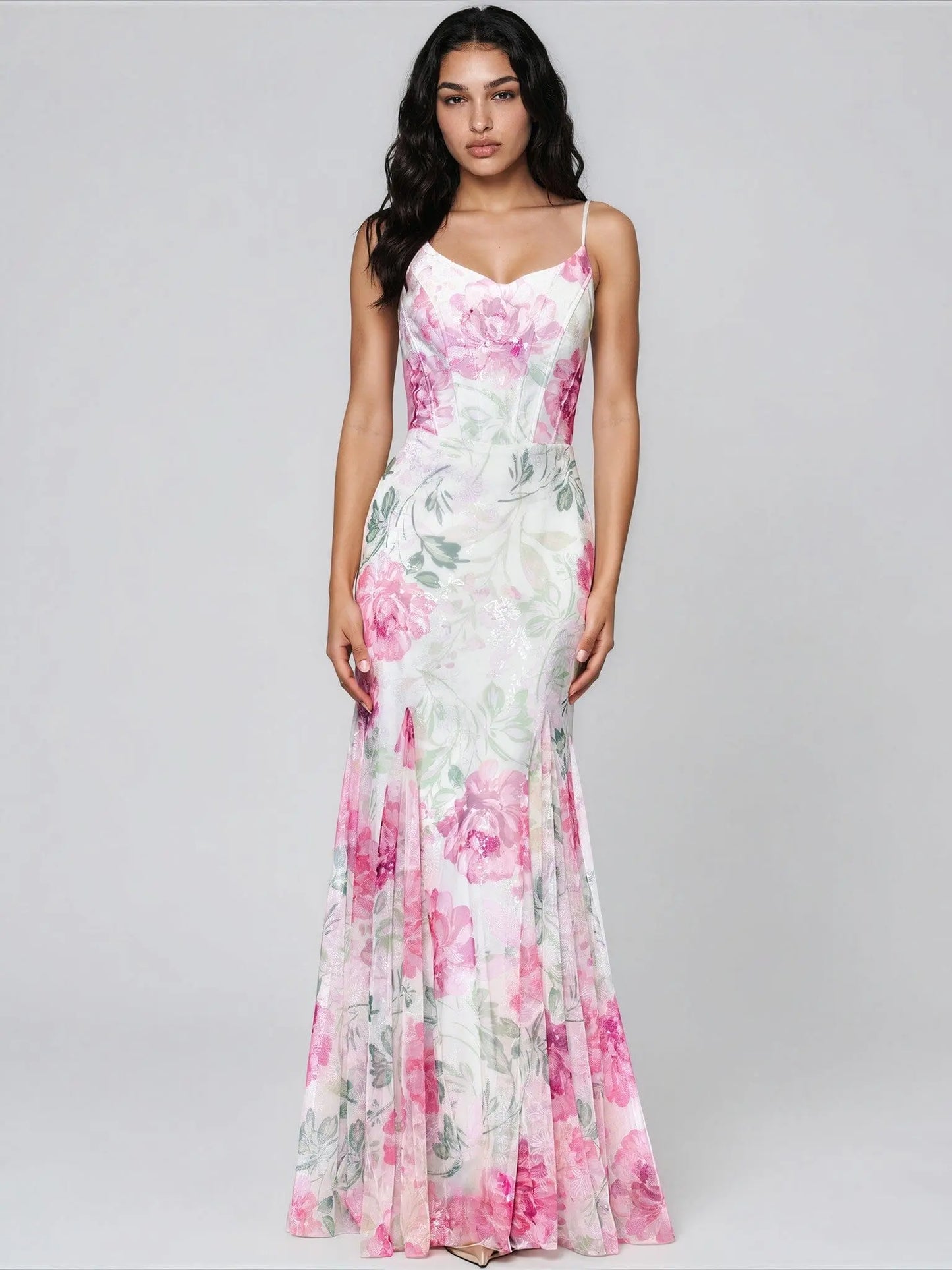 Sequin Floral Print Sleeveless Gown Betsy & Adam