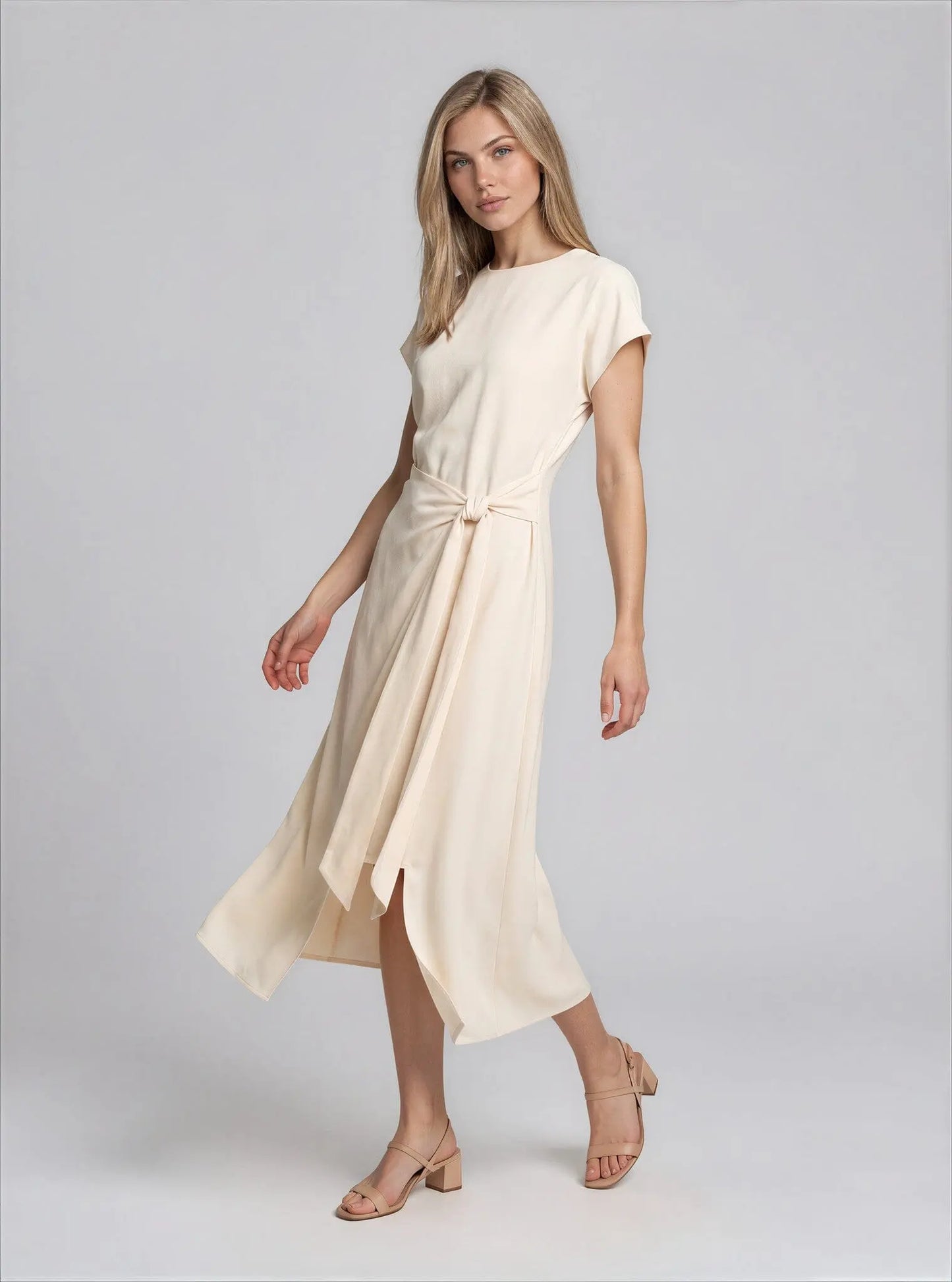 Tie-Front Short-Sleeve Faux-Wrap Midi Dress Luxely