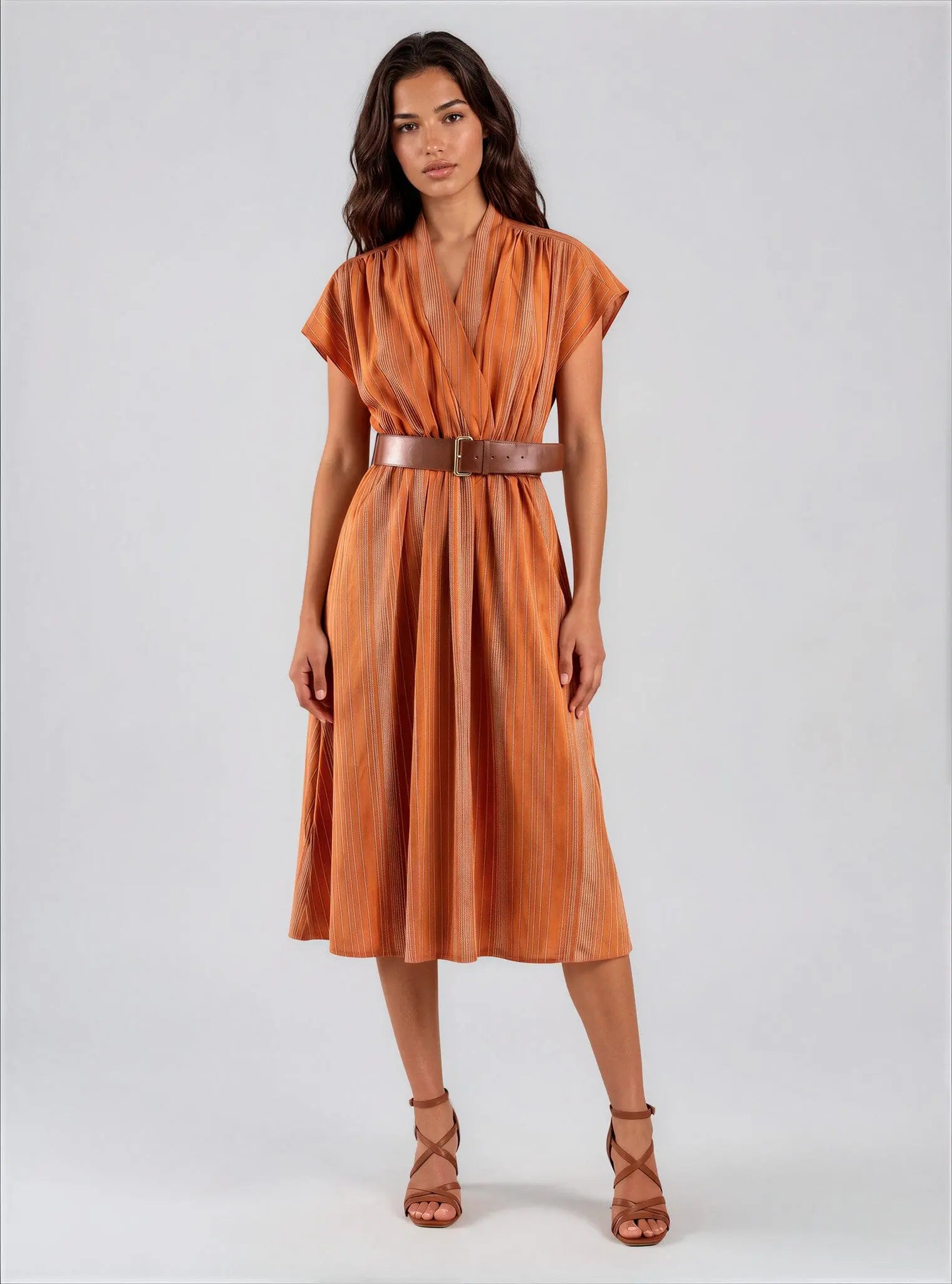 V-Neck Belted Midi Dress - Layalita