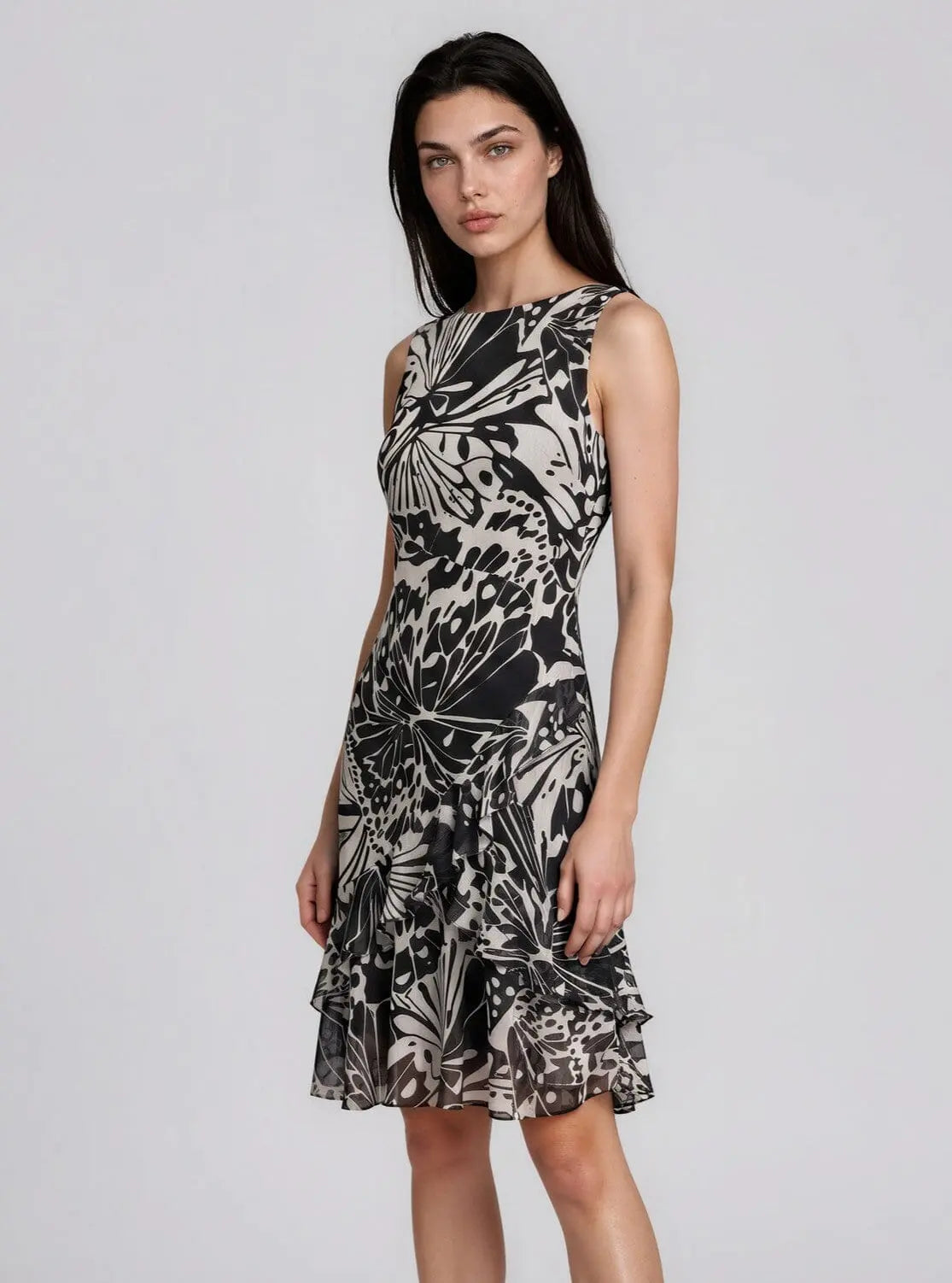 Chiffon Printed Boat-Neck Ruffle-Hem Dress DKNY 