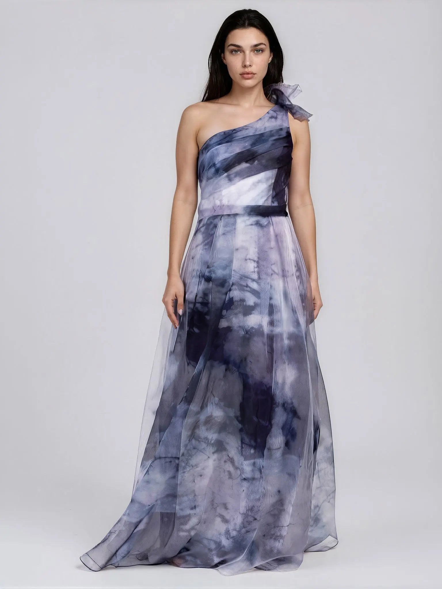 Rene Ruiz Collection Cobalt Blue Multi One Shoulder Organza Gown Rene Ruiz Collection 