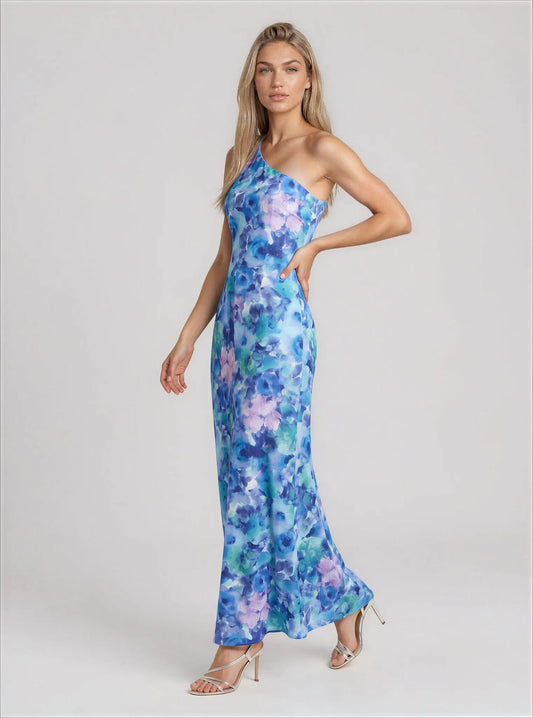 Rosette Asymmetric One-Shoulder Gown Eliza J 