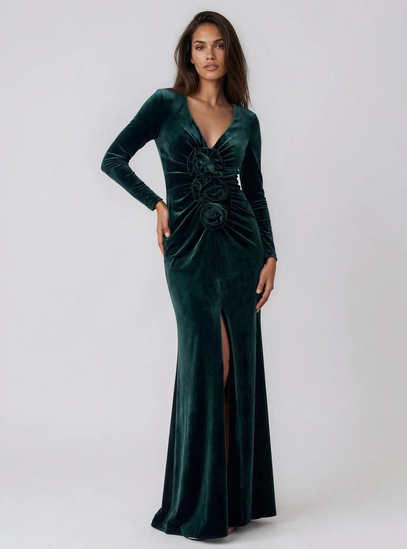 Velvet Rosette Long-Sleeve Gown Betsy & Adam 