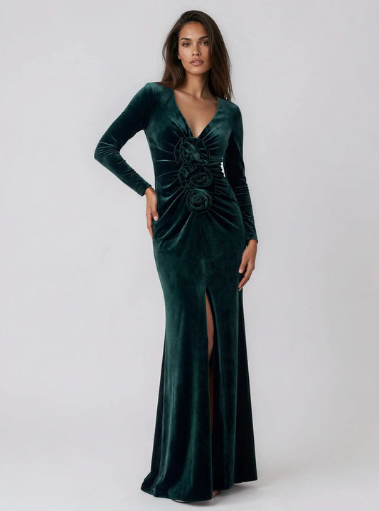 Velvet Rosette Long-Sleeve Gown Betsy & Adam 