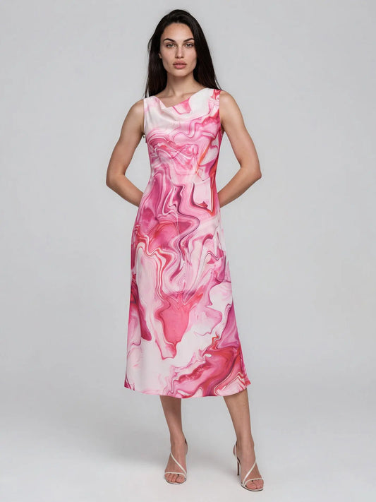 Abstract-printed Cowlneck Sleeveless Midi Dress - Layalita