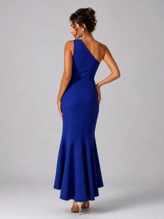 Beaded One-Shoulder Crepe Gown - Layalita