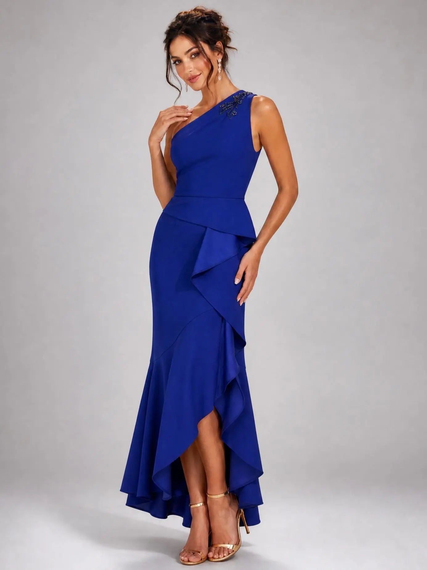 Beaded One-Shoulder Crepe Gown - Layalita