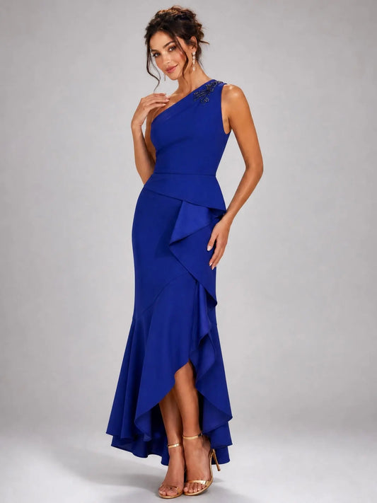 Beaded One-Shoulder Crepe Gown - Layalita