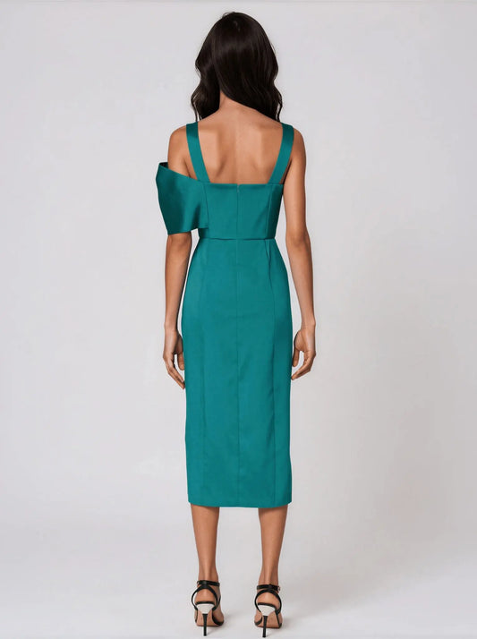 Bow-Trim Satin Midi Dress - Layalita
