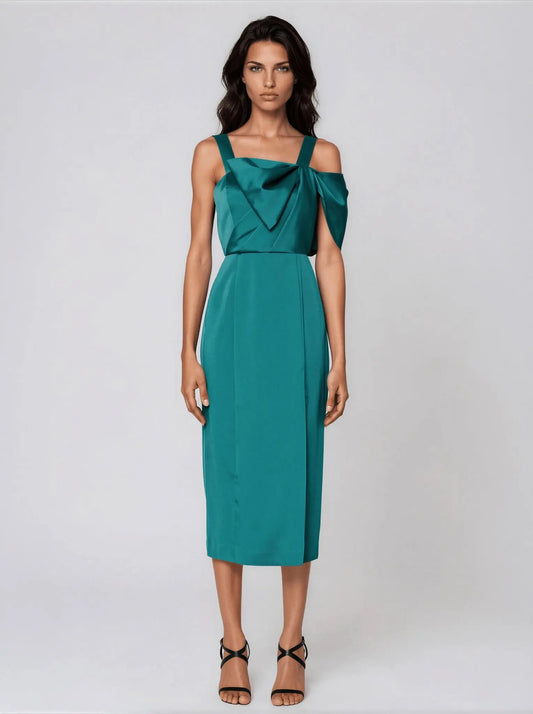 Bow-Trim Satin Midi Dress - Layalita