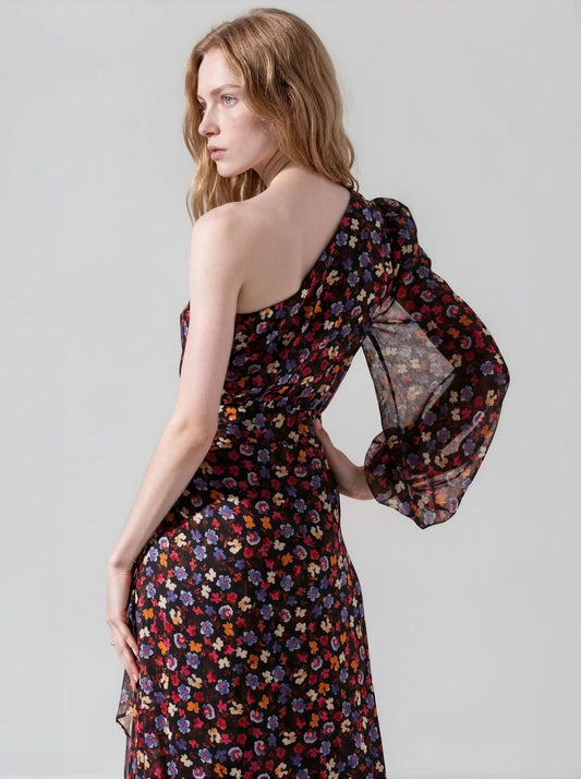 Calista Asymmetrical - Neck Floral - Print Midi Dress - Layalita