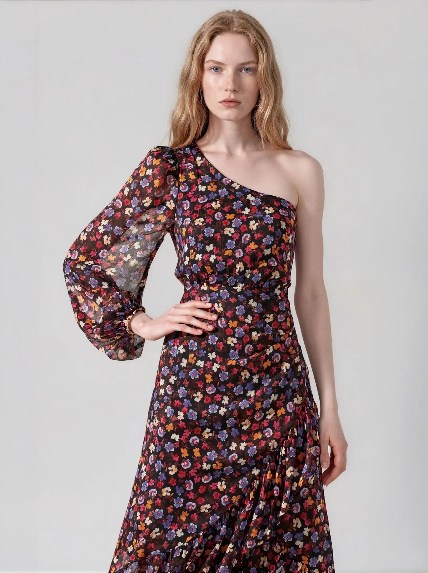 Calista Asymmetrical - Neck Floral - Print Midi Dress - Layalita