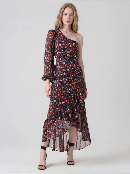 Calista Asymmetrical - Neck Floral - Print Midi Dress - Layalita