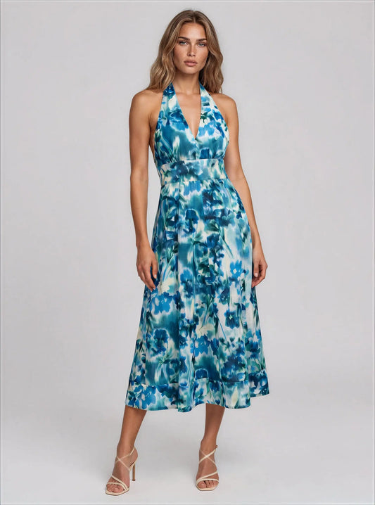 Cotton Halter V-Neck Tie-Back Midi Dress - Layalita