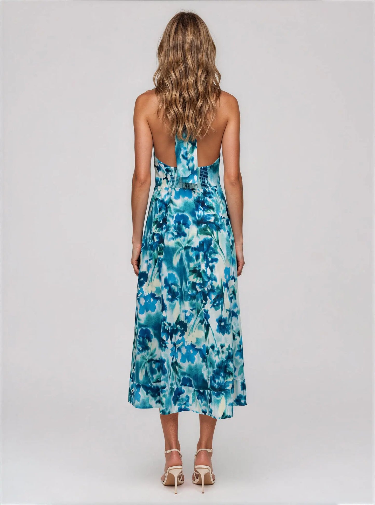 Cotton Halter V-Neck Tie-Back Midi Dress - Layalita