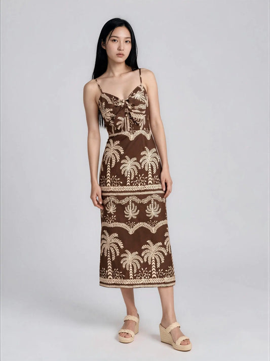 Cotton Palm-Print Sweetheart Midi Dress Adrianna Papell 