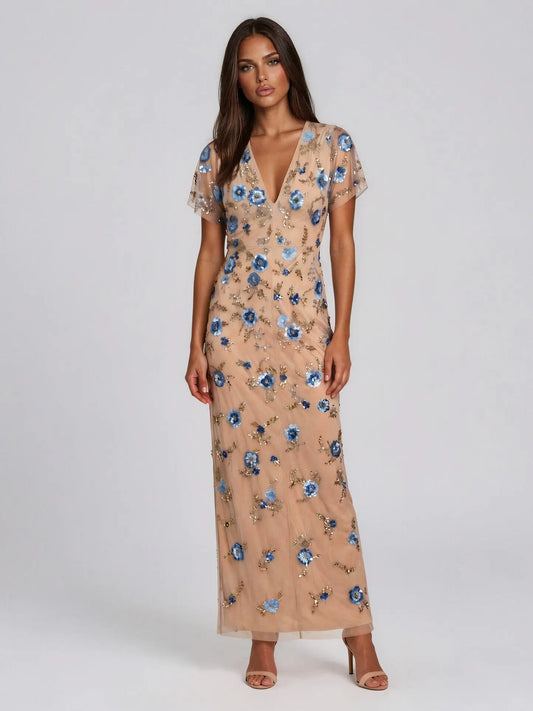 Beaded Mesh Column Dress Adrianna Papell 