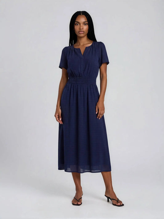 Elastic-Waist Short-Sleeve Midi Dress - Layalita