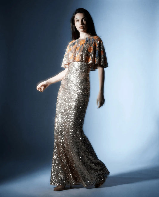 Embellished Floral Beaded And Sequin Cape Gown - Layalita