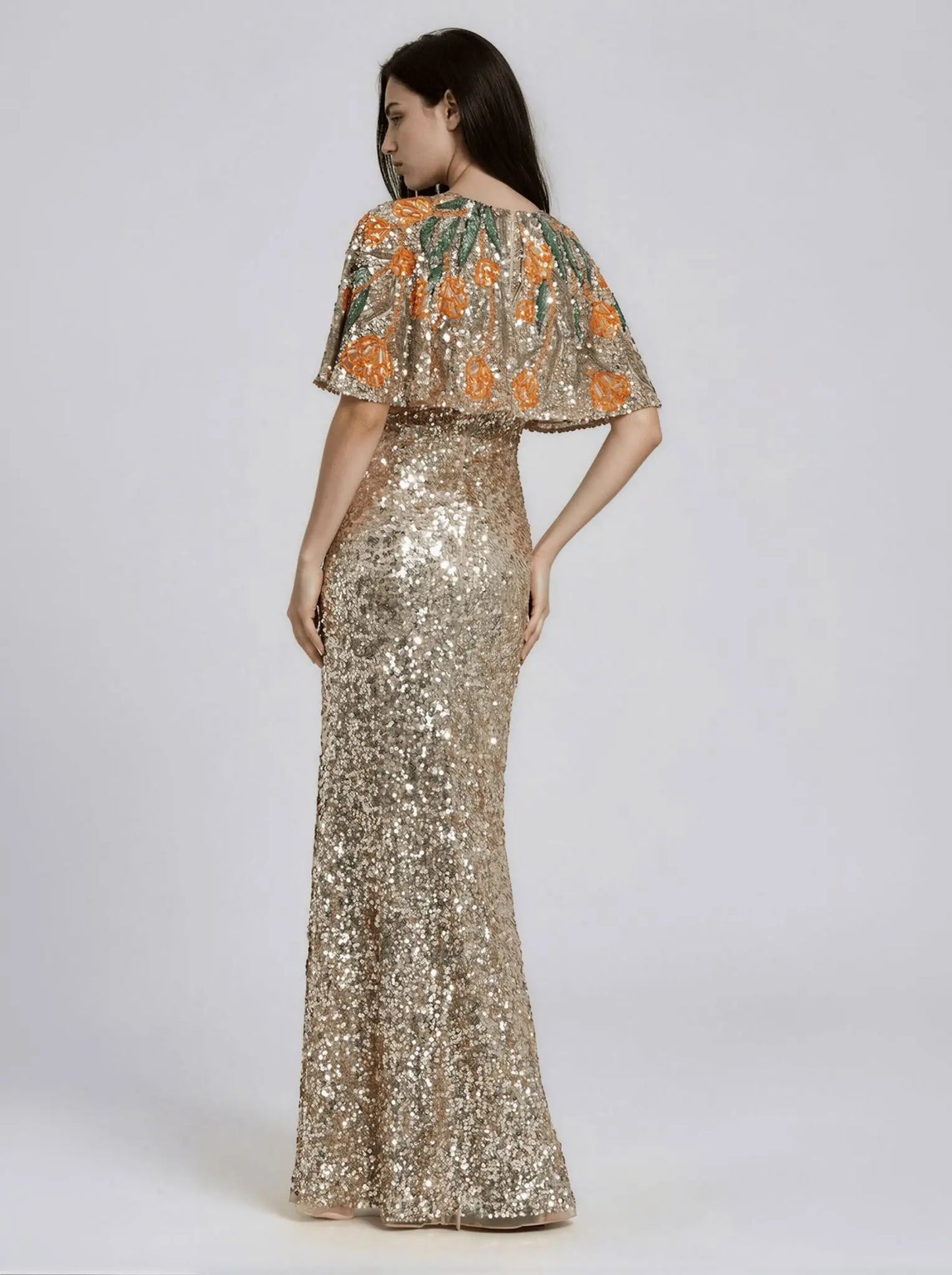 Embellished Floral Beaded And Sequin Cape Gown - Layalita