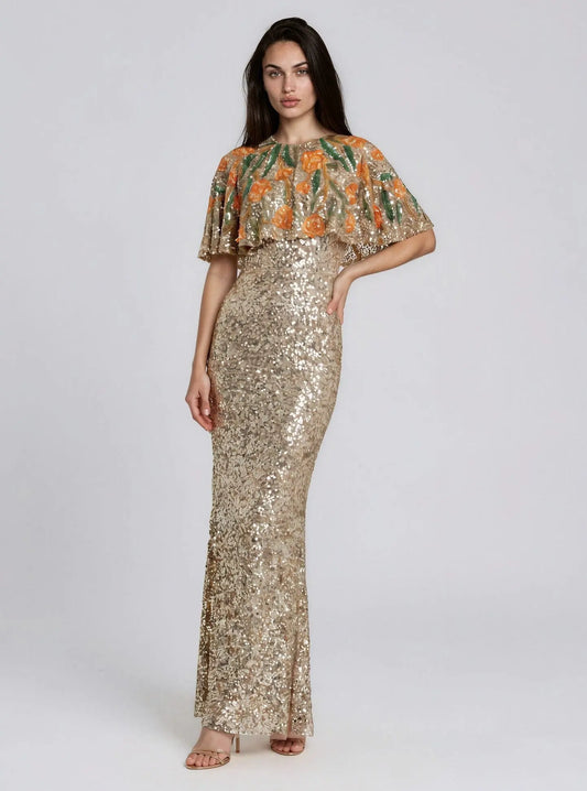Embellished Floral Beaded And Sequin Cape Gown Mac Duggal 