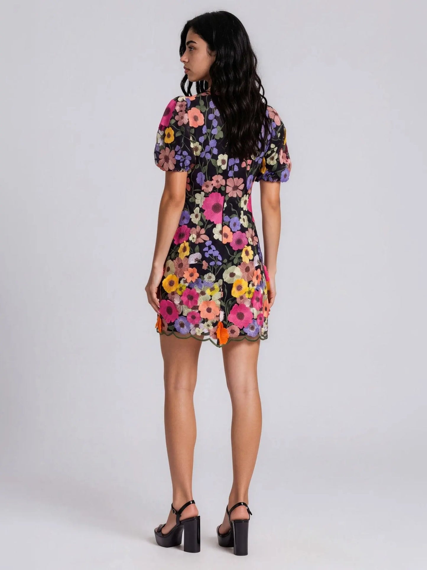 Embroidered Floral Puff-sleeve Shift Mini Dress - Layalita
